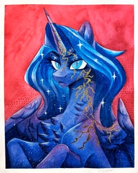 Size: 2963x3707 | Tagged: safe, artist:jsunlight, imported from derpibooru, princess luna, alicorn, pony, chest fluff, ethereal mane, looking at you, painting, royalty, simple background, slit pupils, solo, starry mane, traditional art, watercolor painting