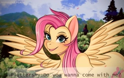 Size: 1500x950 | Tagged: safe, artist:namelessplaza, imported from derpibooru, fluttershy, pegasus, blue eyes, blushing, bush, cloud, female, halfbody, mountain, open mouth, petals, sky, solo, tree