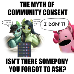 Size: 1280x1280 | Tagged: safe, imported from twibooru, pinkie pie, oc, oc:anon, ai content, ai generated, anonymous prompter, banned from tantabus, black hair, dialogue, female, generator:stable diffusion, green coat, image, male, meme, png, shitposting, speech bubble, text, yellow eyes