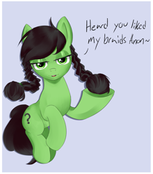 Size: 2315x2626 | Tagged: safe, artist:lillslim, imported from derpibooru, oc, oc only, oc:filly anon, earth pony, pony, braid, dialogue, drawthread, female, filly, looking at you, open mouth, requested art, seductive look, smiling, talking, talking to viewer, text