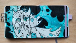 Size: 2560x1442 | Tagged: safe, artist:lilac clime, imported from derpibooru, queen chrysalis, changeling, changeling queen, crown, eyelashes, fangs, female, jewelry, looking at you, regalia, slit pupils, solo, traditional art, watermark