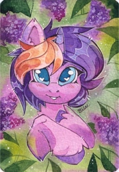 Size: 1504x2160 | Tagged: safe, artist:lilac clime, imported from derpibooru, oc, oc only, pony, unicorn, blush lines, blushing, ear fluff, female, horn, lavender, looking at you, mare, smiling, smiling at you, traditional art, unicorn oc, watermark