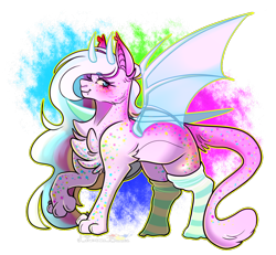 Size: 1015x939 | Tagged: safe, artist:legendaryshadee, imported from derpibooru, oc, oc:calamity (nurseri), sphinx, bat wings, clothes, female, socks, solo, striped socks, wings