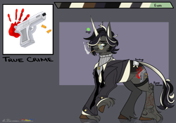 Size: 2000x1400 | Tagged: safe, artist:legendaryshadee, imported from derpibooru, oc, oc:true crime, pony, unicorn, clothes, glasses, horn, male, reference sheet, solo, stallion