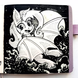 Size: 2992x2992 | Tagged: safe, artist:lilacclime, imported from derpibooru, fluttershy, bat pony, bat ponified, bat wings, eyelashes, fangs, female, flutterbat, inktober 2023, looking at you, mare, monochrome, moon, race swap, smiling, smiling at you, solo, starry night, wings