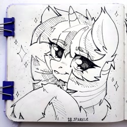 Size: 2992x2992 | Tagged: safe, artist:lilacclime, imported from derpibooru, twilight sparkle, alicorn, black and white, eyelashes, female, grayscale, inktober 2023, looking at you, mare, monochrome, smiling, smiling at you, solo, stars, traditional art, twilight sparkle (alicorn)