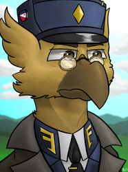 Size: 624x840 | Tagged: safe, artist:notoriousnostalgia, imported from derpibooru, oc, oc only, oc:gunnar sabel-karlsson, griffon, equestria at war mod, beak, bust, cap, clothes, general, glasses, griffon oc, hat, male, military, military uniform, new characters for equestria at war, new characters for equestria at war mod, outdoors, pin, portrait, serious, serious face, solo, uniform