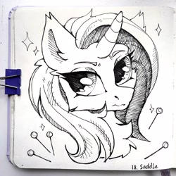 Size: 2560x2560 | Tagged: safe, artist:lilacclime, imported from derpibooru, sassy saddles, pony, unicorn, black and white, chest fluff, eyelashes, female, grayscale, horn, inktober 2023, mare, monochrome, solo, traditional art