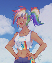 Size: 1400x1700 | Tagged: safe, artist:mundeestar, imported from derpibooru, rainbow dash, human, athlete, clothes, cutie mark, cutie mark on clothes, female, hand on hip, humanized, open mouth, open smile, ponytail, shorts, signature, smiling, solo, sports shorts, sweat, tanktop