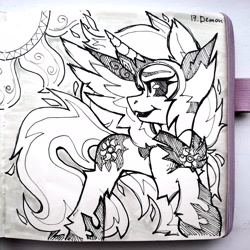 Size: 2992x2992 | Tagged: safe, artist:lilacclime, imported from derpibooru, daybreaker, alicorn, pony, alter ego, black and white, crown, fangs, female, grayscale, inktober 2023, jewelry, mane of fire, mare, monochrome, peytral, regalia, royalty, slit pupils, sun