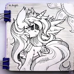 Size: 2560x2560 | Tagged: safe, artist:lilacclime, imported from derpibooru, princess celestia, alicorn, pony, black and white, crown, eyelashes, female, fluffy, grayscale, inktober 2023, jewelry, mare, monochrome, peytral, regalia, royalty, sad, sun