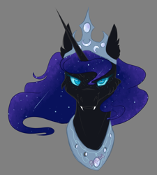 Size: 1275x1417 | Tagged: safe, artist:parrpitched, imported from derpibooru, nightmare moon, princess luna, alicorn, bust, crown, ethereal mane, fangs, freckles, jewelry, looking at you, peytral, portrait, regalia, simple background, slit pupils, starry mane, watermark