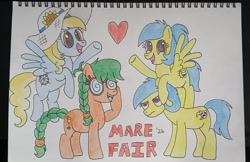 Size: 1388x900 | Tagged: safe, artist:toastymares, oc, oc only, oc:fair flyer, oc:matinee, oc:morning mimosa, oc:soiree, earth pony, pegasus, pony, braces, braided tail, female, flying, glasses, happy, hat, heart, mare, mare fair, mare fair 2024, raised hoof, round glasses, scrunchie, smiling, standing, sun hat, traditional art, unamused