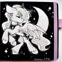 Size: 2992x2992 | Tagged: safe, artist:lilacclime, imported from derpibooru, princess luna, alicorn, pony, black and white, crescent moon, ethereal mane, eyes closed, female, grayscale, inktober 2023, jewelry, mare, monochrome, moon, peytral, royalty, solo, spread wings, starry mane, starry tail, stars, tail, wings