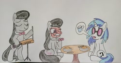 Size: 2040x1062 | Tagged: safe, artist:toastymares, dj pon-3, octavia melody, vinyl scratch, earth pony, pony, unicorn, bipedal, bowtie, female, food, mare, musical instrument, plate, red face, sitting, spicy, spoon, sunglasses, sweat, table, teary eyes, theremin, traditional art, wince