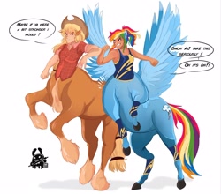 Size: 2048x1803 | Tagged: safe, artist:inkrred, imported from derpibooru, applejack, rainbow dash, centaur, human, taur, arm freckles, breasts, centaurified, clothes, dialogue, duo, duo female, eared humanization, female, freckles, grin, horse ears, humanized, leg wraps, light skin, mare, pegataur, plaid shirt, ponytail, rearing, shirt, simple background, smiling, species swap, speech bubble, spread wings, tan skin, tanktop, white background, wings