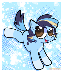 Size: 1300x1500 | Tagged: safe, artist:saveraedae, imported from derpibooru, earth pony, pony, abstract background, bluey, brown eyes, coat markings, cute, female, filly, foal, halftone, jumping, light blue background, looking at you, passepartout, ponified, simple background, socks (coat markings), solo, splatter