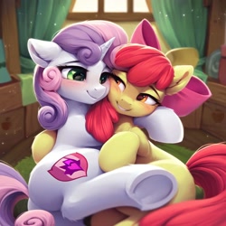 Size: 1536x1536 | Tagged: safe, imported from derpibooru, apple bloom, sweetie belle, earth pony, pony, unicorn, adorabloom, ai content, ai generated, blushing, cuddling, cute, cutie mark, diasweetes, duo, female, generator:pony diffusion v6 xl, generator:stable diffusion, horn, hug, indoors, lesbian, mare, older, older apple bloom, older sweetie belle, prompter:ranserthus, shipping, sweetiebloom, the cmc's cutie marks