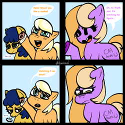 Size: 768x768 | Tagged: safe, artist:kharmacal, imported from derpibooru, oc, oc only, oc:autumn bloom, oc:orange creamsicle, oc:shy tide, earth pony, 4 panel comic, 4koma, caption, colt, comic, cookie, female, filly, foal, food, image macro, male, text, trio, two toned hair, wingding eyes