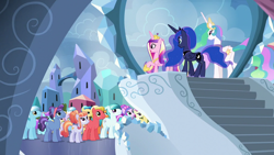 Size: 1280x720 | Tagged: safe, imported from derpibooru, screencap, amethyst maresbury, amethyst shard, citrine nectar, crystal arrow, crystal beau, crystal varado, fleur de verre, golden väs, ivory, ivory rook, night knight, princess cadance, princess celestia, princess luna, sapphire joy, alicorn, crystal pony, pony, the crystalling, butt, crystal empire, ethereal mane, ethereal tail, golden hooves (g4), long mane, long tail, my little pony, plot, slender, sugar glass, tail, thin