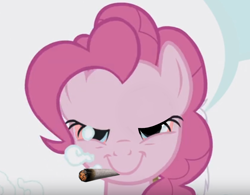 Size: 1130x882 | Tagged: safe, edit, edited screencap, imported from derpibooru, screencap, pinkie pie, griffon the brush off, cloud, drugs, lidded eyes, marijuana, my little pony, screenshots, smiling, solo