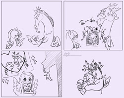 Size: 2040x1605 | Tagged: safe, artist:samsemogart, imported from derpibooru, discord, fluttershy, 4 panel comic, art, artist, blushing, comic, drawing, heart, hisscord, hug, monochrome, paper, pencil drawing, sparkles, ta-da!, traditional art