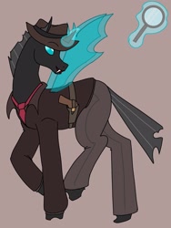 Size: 2250x3000 | Tagged: safe, artist:moonstone/ace, imported from derpibooru, oc, oc:hokt, changeling, equestria at war mod, changeling oc, clothes, detective, fedora, hat, holster, levitation, magic, magnifying glass, necktie, telekinesis, wings