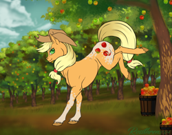 Size: 1462x1149 | Tagged: safe, artist:rossthren, imported from derpibooru, applejack, earth pony, pony, apple, apple tree, applebucking, coat markings, food, outdoors, solo, tree