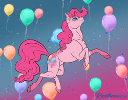 Size: 2023x1590 | Tagged: safe, artist:rossthren, imported from derpibooru, pinkie pie, earth pony, pony, balloon, coat markings, looking up, signature, smiling, solo