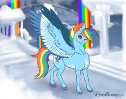 Size: 1720x1352 | Tagged: safe, artist:rossthren, imported from derpibooru, rainbow dash, pegasus, pony, alternate cutie mark, alternate hairstyle, cloudsdale, colored wings, colored wingtips, female, looking at you, mare, multicolored wings, one eye closed, pale belly, signature, smiling, smiling at you, solo, spread wings, wings