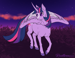 Size: 2023x1590 | Tagged: safe, artist:rossthren, imported from derpibooru, twilight sparkle, alicorn, pony, blaze (coat marking), coat markings, colored wings, colored wingtips, curved horn, facial markings, female, horn, mare, outdoors, solo, standing on two hooves, sunset, twilight sparkle (alicorn), wings