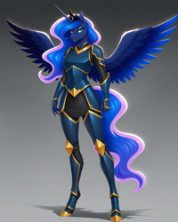 Size: 1920x2400 | Tagged: safe, imported from derpibooru, princess luna, anthro, unguligrade anthro, ai composition, ai content, armor, chainmail, colored wings, ethereal hair, ethereal tail, ethereal wings, female, looking at you, plate armor, prompter:aiboi, scale armor, simple background, smiling, smirk, solo, spread wings, tail, wings