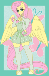 Size: 792x1224 | Tagged: safe, artist:inkkeystudios, imported from derpibooru, fluttershy, anthro, pegasus, unguligrade anthro, clothes, colored hooves, cutie mark background, dress, eyeshadow, female, hands together, hooves, makeup, painted nails, signature, socks, solo, thigh highs, unshorn fetlocks