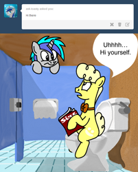 Size: 666x827 | Tagged: safe, artist:mod wit, imported from derpibooru, oc, oc only, oc:bananas wit, ask, askbananaswit, bathroom, bathroom stall, do you mind, magazine, peering, privacy, sitting, sitting on toilet, tile, tiled floor, toilet, toilet humor, toilet paper, tumblr