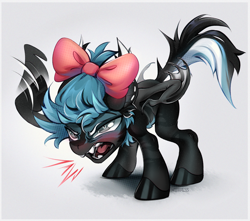 Size: 2863x2536 | Tagged: safe, artist:mithriss, imported from derpibooru, oc, oc only, bat pony, pony, bow, chibi, clothes, evil, fangs, male, solo, stallion, wings