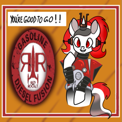 Size: 507x507 | Tagged: safe, artist:wh189, imported from derpibooru, oc, oc:red rocket, robot, unicorn, fallout equestria, advertisement, clothes, costume, fallout, horn, looking at you, unicorn oc