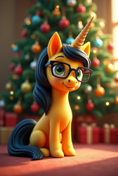 Size: 688x1024 | Tagged: safe, imported from derpibooru, oc, oc only, oc:bitter sweetness, ai content, ai generated, christmas, christmas tree, holiday, merry christmas, prompter:bitter sweetness, solo, tree