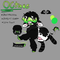 Size: 1500x1500 | Tagged: safe, artist:octanez, imported from derpibooru, oc, oc:octane, cow, cow pony, apex legends, clothes, gray background, hoodie, reference, reference sheet, simple background, socks, vape