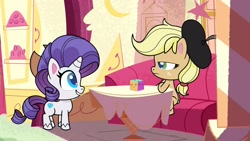 Size: 1920x1080 | Tagged: safe, imported from derpibooru, screencap, applejack, rarity, earth pony, pony, unicorn, how applejack got her hat back, my little pony: pony life, spoiler:pony life s01e04, duo, duo female, female, horn, squishy cube