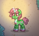 Size: 162x149 | Tagged: safe, imported from derpibooru, oc, oc only, pony, unicorn, pony town, green coat, horn, multicolored coat, smiling, solo, unicorn oc