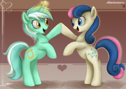Size: 1444x1025 | Tagged: safe, artist:mn27, imported from derpibooru, bon bon, lyra heartstrings, sweetie drops, earth pony, pony, unicorn, abstract background, adorabon, bipedal, cute, duo, eye contact, female, glowing, glowing horn, happy, heart, hoofbump, horn, legs together, lesbian, looking at each other, looking at someone, lyrabetes, lyrabon, magic, mare, open mouth, rearing, shipping, smiling