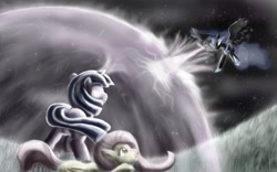 Size: 1920x1200 | Tagged: safe, artist:geco-deco12, artist:sunegem, imported from derpibooru, fluttershy, nightmare moon, twilight sparkle, alicorn, pegasus, pony, unicorn, blast, female, fight, force field, glowing, glowing eyes, horn, magic, magic blast, mare, night, protecting