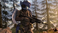 Size: 1920x1080 | Tagged: safe, artist:fallenponiesproduction, princess luna, anthro, 3d, clothes, eyepatch, female, gloves, gun, military uniform, solo, weapon