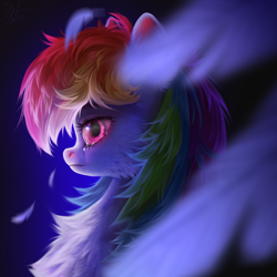 Size: 3000x3000 | Tagged: safe, artist:unt3n, imported from derpibooru, rainbow dash, pegasus, pony, bust, crying, fanart, feather, portrait, solo