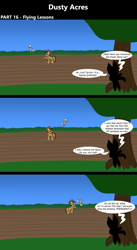 Size: 1920x3516 | Tagged: safe, artist:platinumdrop, imported from derpibooru, derpy hooves, oc, oc:dusty hooves, oc:kikat, earth pony, pegasus, comic:dusty acres, series:technoverse, 3 panel comic, comic, commission, dialogue, female, filly, flying, foal, male, speech bubble, stallion, younger