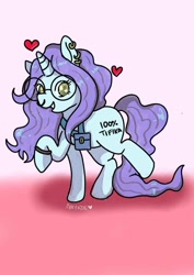 Size: 904x1280 | Tagged: safe, artist:anykoe, imported from derpibooru, oc, unicorn, accessory, bag, cute, ear piercing, earring, female, floating heart, glasses, heart, horn, jewelry, long mane, looking at you, piercing, signature, simple background, smiling, smiling at you, solo, unicorn oc