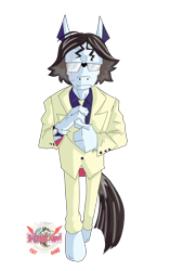 Size: 3086x4922 | Tagged: safe, artist:jawslocks03, imported from derpibooru, oc, oc:handsome henry, anthro, earth pony, unguligrade anthro, biker, biker gang, brown mane, character render, clothes, graying hair, mlha, my little hazards area, opposable hooves, parody, riding wasps, solo, suit, sunglasses, white coat