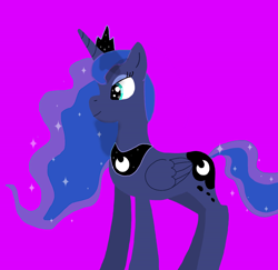 Size: 640x622 | Tagged: safe, artist:suitable_ant_7195, imported from derpibooru, princess luna, alicorn, pony, concave belly, crown, ethereal mane, eyeshadow, female, folded wings, jewelry, makeup, mare, peytral, pink background, regalia, simple background, slender, smiling, solo, sparkling mane, thin, wings