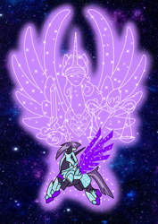 Size: 1000x1414 | Tagged: safe, artist:zetikoopa, imported from derpibooru, oc, oc:violet judge, alicorn, unicorn, armor, crystal armor, fake wings, horn, magic, magic aura, male, stallion