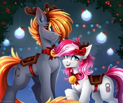 Size: 2560x2150 | Tagged: safe, artist:buvanybu, imported from derpibooru, oc, oc only, earth pony, pony, artist name, bell, blue eyes, brown eyes, christmas, duo, duo male and female, earth pony oc, female, gray coat, hair ribbon, holiday, holly, male, mare, mare oc, open mouth, open smile, orange mane, orange tail, raised hoof, ribbon, saddle, smiling, stallion, stallion oc, tack, tail, teeth, two toned mane, two toned tail, white coat